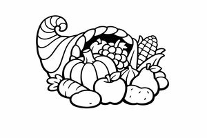 Un semplice disegno a linee bianche e nere di una cornucopia. Prodotti del raccolto come una zucca, una mela, una pera e del mais escono dal cesto intrecciato.