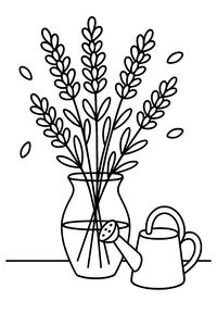 En enkel målarbild som visar en bukett lavendel i en glasvas på ett bord. Intill vasen står en liten vattenkanna och små blomblad svävar i luften runt omkring de detaljrika blomstjälkarna.