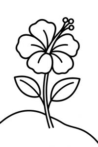Un semplice disegno in bianco e nero di un fiore di ibisco che cresce su una collina arrotondata. Il fiore ha cinque grandi petali e uno stame visibile.