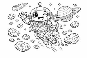 Ein lächelnder Roboter mit Jetpack winkt beim Flug durch einen Asteroidengürtel im Weltraum. Ein großer Ringplanet und ein Komet sind vor dem Sternenhintergrund zu sehen.
