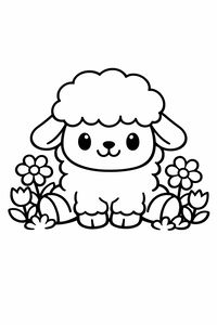 Un mielușel drăguț și pufos, cu o față zâmbitoare, stă așezat între flori de primăvară înflorite și lalele. Desenul are contururi groase și forme simple, perfecte pentru copiii mici.