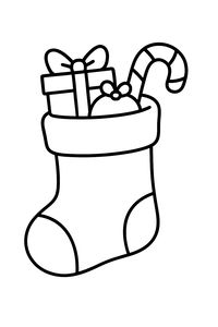 Um desenho simples a preto e branco de uma meia de Natal. Está recheada com uma caixa de presente, um pequeno enfeite e uma bengala doce.