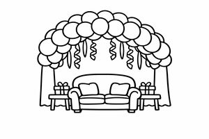 Um desenho de linhas simples de um arco de balões com serpentinas penduradas sobre um sofá de sala. Duas mesas de apoio seguram caixas de presentes.