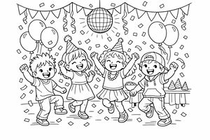 Um grupo de quatro crianças felizes celebra numa festa com confetis a cair e uma bola de espelhos brilhante no topo. Usam chapéus de festa e dançam entre balões e fitas decorativas.