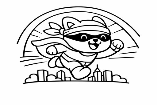 Simple line drawing of a smiling animal superhero wearing a headband, racing through a tunnel with a city skyline visible below