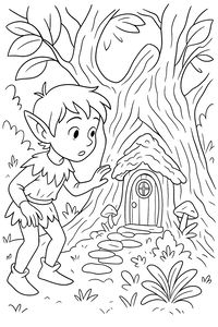 Un elfo del bosco curioso con vestiti di foglie si sporge verso una piccola porta di legno alla base di un grande albero. Un sentiero di ciottoli conduce alla casa in miniatura.