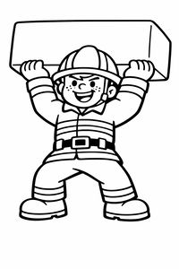Ein lächelnder Junge in Feuerwehrmannsuniform und Helm hebt einen großen, schweren rechteckigen Balken über seinen Kopf. Er hat Sommersprossen und steht in einer kraftvollen Pose mit dicken schwarzen Umrissen da.