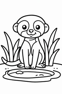 Semplice disegno lineare di un suricato sorridente seduto a terra. È circondato da erba alta con una piccola pozza d'acqua ai suoi piedi. Il disegno ha linee spesse e pulite.