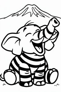 Un amichevole elefante in stile cartoon con audaci strisce orizzontali siede e sbadiglia con la proboscide alzata. Sullo sfondo, la vetta del Kilimangiaro svetta sotto un cielo sereno. Il disegno ha contorni spessi e puliti perfetti per colorare.