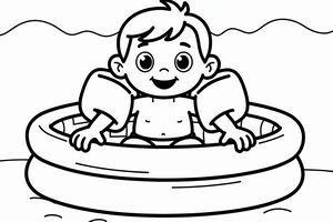 Um desenho de linhas simples de uma criança sorridente sentada dentro de uma piscina insuflável redonda. A criança usa braçadeiras grandes nos dois braços. Os contornos são grossos e claros.