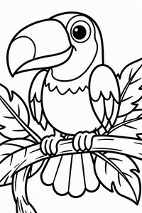 Un semplice disegno a tratteggio di un tucano con un grande becco appollaiato su un ramo orizzontale. Grandi foglie della giungla incorniciano l'uccello che ha un'espressione amichevole. I contorni sono spessi e chiari per facilitare il colore.