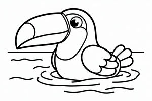Um desenho linear simples em preto e branco de um tucano fofo com um bico grande a nadar num rio. A ave tem uma expressão amigável e está rodeada por ondas suaves na água.