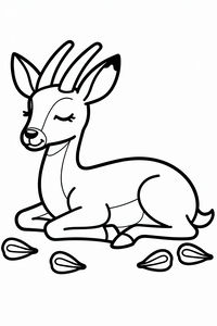 Un disegno semplice in bianco e nero di una tenera gazzella che riposa a terra con gli occhi chiusi. Quattro piccoli baccelli di acacia sono sparsi sul terreno.