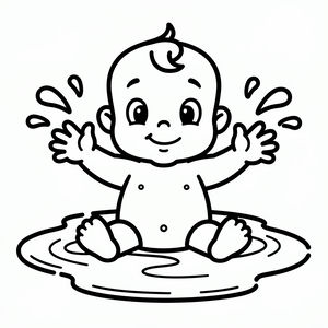 Un disegno in bianco e nero di un bambino allegro con un piccolo ricciolo di capelli seduto in una pozza d'acqua. Il bimbo sorride con le braccia alzate, creando schizzi gioiosi su entrambi i lati.