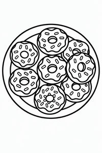 Um desenho a preto e branco de um prato redondo visto de cima, com sete donuts empilhados. Cada donut tem um furo central e está coberto com cobertura e pequenos granulados. Os contornos são grossos e nítidos.
