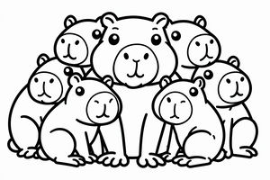 Un disegno lineare in bianco e nero di sette amichevoli capibara seduti vicini in gruppo. Il capibara più grande siede al centro circondato da quelli più piccoli.