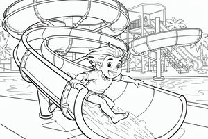 Um menino alegre com o cabelo ao vento desliza por um escorrega longo e curvo em direção a uma piscina. Ao fundo, estruturas de parque aquático e palmeiras criam um ambiente de verão animado.