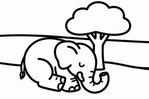 Un semplice disegno al tratto di un piccolo elefantino raggomitolato che dorme tranquillamente a terra accanto a un albero con la chioma tonda.