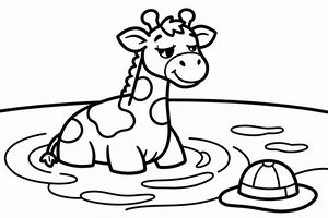 Un semplice disegno a linee di una piccola giraffa con grandi macchie seduta in uno specchio d'acqua. La giraffa ha un'espressione assonnata e felice. Un cappello da esploratore galleggia nell'acqua.