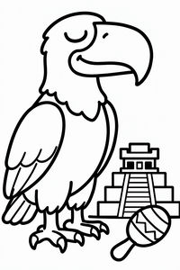 Um desenho simples de um grande condor em pé ao lado de uma pirâmide de estilo maia e uma maraca. A ave tem um bico grande e um sorriso amigável.