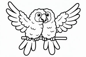 Una coppia di are in stile cartone animato sedute vicine su un sottile ramo orizzontale. Entrambi gli uccelli hanno le ali esterne sollevate e si guardano con espressioni felici.