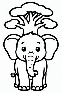 Un tenero elefantino dei cartoni animati con grandi orecchie davanti a un albero di baobab. L'illustrazione presenta contorni marcati e forme semplici per bambini piccoli.