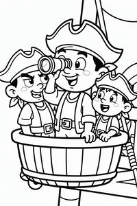 Un semplice disegno a linee bianche e nere di tre pirati sorridenti in una cesta di legno sull'albero maestro. Il pirata al centro tiene un cannocchiale su un occhio, mentre gli altri guardano felici. Indossano tutti classici cappelli da pirata e gilet.