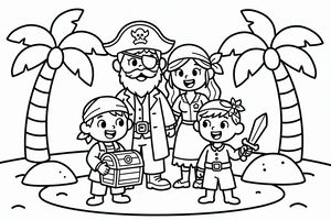 Uma simpática família de quatro piratas está numa pequena ilha. O capitão usa um chapéu com uma caveira, uma criança segura um baú do tesouro e outra uma espada de madeira. Palmeiras emolduram o grupo na praia.