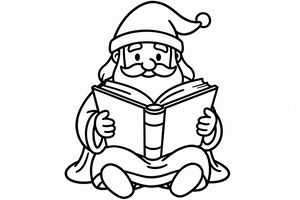 Ein freundlicher Zauberer mit Schnurrbart und Bart trägt einen spitzen Hut und sitzt im Schneidersitz. Er hält ein großes offenes Buch vor sich. Die Zeichnung hat kräftige Konturen und keinen Hintergrund.