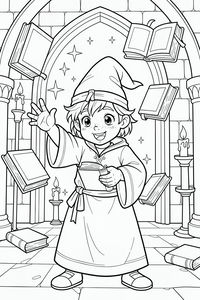 Ein glücklicher junger Zauberer in Robe und Spitzhut steht in einem Steinzimmer. Er hält ein offenes Buch, während mehrere andere Bücher magisch in der Luft schweben. Im Hintergrund stehen hohe Kerzenleuchter und ein großer Torbogen unter einem Regen aus magischen Sternen.