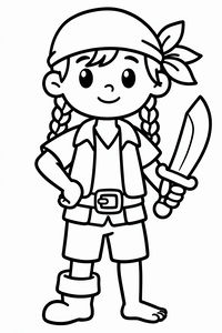 Uma menina pirata sorridente com tranças compridas segura com confiança uma espada curva. Ela usa uma bandana, um colete e um cinto com fivela. O traço é simples e nítido, sem fundo.