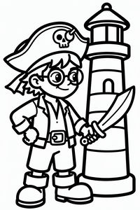 Um jovem pirata alegre com óculos e chapéu de pirata segura uma espada curva. Ao seu lado está um farol alto com riscas e uma lanterna de vidro no topo. O desenho tem linhas pretas grossas sobre um fundo branco.