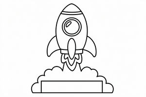 Jednoduchá černobílá kresba kreslené rakety, která startuje vzhůru. Plameny a valící se kouř vycházejí ze spodní části plavidla nad plochou plošinou. Raketa má kulaté okénko a hladké stabilizátory.