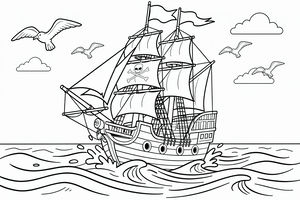 Detailní čárová kresba pirátské lodi se dvěma stožáry a několika plachtami plující rozbouřenými oceánskými vlnami. Vzduchem létají čtyři racci a v pozadí jsou rozptýleny jemné mraky.