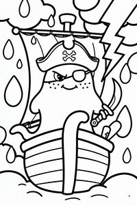 Desenho de linhas simples de um fantasma pirata com chapéu de tricórnio e remendo no olho num barco. Caem gotas de chuva grandes e um relâmpago atinge o fundo enquanto o fantasma segura uma espada.