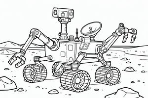 ŠEstikolový Mars rover stojí v kamenité mimozemské krajině s nataženými robotickými rameny. Vozidlo má hlavu kamery na vysokém stěžni, satelitní talíř a pneumatiky s hrubým vzorkem. Na obzoru jsou roztroušeny malé kameny a vzdálené kopce.