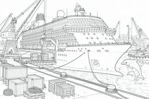 Detaillierte Strichzeichnung eines Kreuzfahrtschiffes mit mehreren Decks im Hafen. Im Vordergrund sind Frachtkisten und Seile auf dem Dock zu sehen, während Industriekräne und Delfine den Hintergrund füllen.