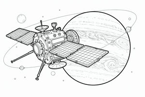 Detailní čárová kresba vesmírné sondy s obdélníkovými solárními panely a anténami letící kolem Jupiteru. Velká planeta ukazuje své charakteristické atmosférické víry.