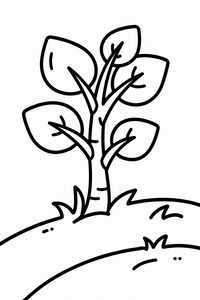 Un disegno in bianco e nero di un piccolo albero con cinque foglie grandi che cresce su una collina arrotondata. L'illustrazione presenta contorni molto spessi e forme semplici per bambini piccoli.