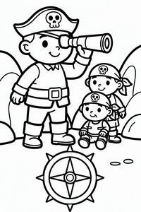 Um capitão pirata amigável com um chapéu de caveira olha através de um telescópio. Ao seu lado, duas crianças pequenas de lenço observam, com uma rosa-dos-ventos no primeiro plano.