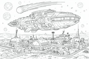 Eine detaillierte Strichzeichnung zeigt ein großes, ovalförmiges Raumschiff, das über einer Mondbasis mit Kuppeln, Rohren und Antennen schwebt. Ein großer Komet mit langem Schweif fliegt in der Nähe mehrerer Kraterplaneten durch den Weltraum.