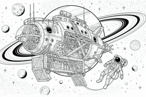 Detailliertes Ausmalbild eines Steampunk-Raumschiffs mit mechanischen Zahnrädern und offenen Frachträumen in der Nähe des Saturns. Ein Astronaut schwebt in einem Raumanzug an einer Leine vor einem Sternenhintergrund.