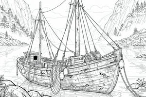 Eine detaillierte Strichzeichnung eines traditionellen Fischerbootes mit zwei Masten und hängenden Netzen in einem friedlichen Fjord. Hohe Bergklippen mit Nadelbäumen ragen im Hintergrund unter einem sanften Himmel auf.