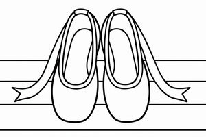 Un paio di scarpette da danza classica con lunghi nastri su un pavimento di legno. Le linee sono spesse e semplici, con i nastri che si snodano verso destra e sinistra.