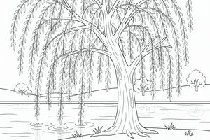 Um desenho detalhado de um majestoso salgueiro-chorão numa margem relvada. Os seus ramos longos tocam num lago calmo, criando pequenas ondulações. Colinas distantes completam a paisagem.