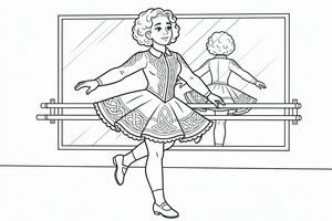 Schwarz-Weiß-Zeichnung eines Mädchens in einer traditionellen irischen Tanztracht mit keltischen Knotenmustern. Sie posiert auf einem Bein in einem Tanzstudio mit Ballettstange und Spiegel.