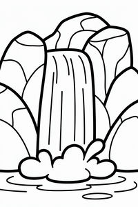 Un semplice disegno al tratto in bianco e nero di una cascata che scende tra grandi rocce arrotondate in una pozza d'acqua. Le forme sono marcate con contorni molto spessi e senza dettagli sullo sfondo.