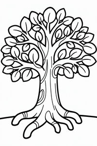 Un dibujo lineal en blanco y negro de un árbol majestuoso con contornos gruesos. El árbol tiene un tronco ancho con raíces visibles y una copa redondeada de hojas simples separadas por bordes marcados.