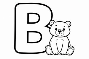 Um desenho de linhas simples a preto e branco de uma letra B grande com um pequeno urso sorridente sentado pacificamente ao seu lado. O urso tem orelhas redondas e patinhas visíveis.