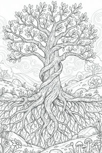 A detailed line drawing of a massive tree of life with a twisted trunk and an extensive network of roots spreading underground. Swirling patterns fill the sky in the background, and small hills with rocks and flora surround the base of the tree.
